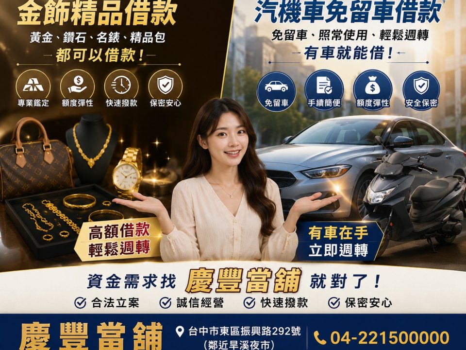 台中當舖推薦指南:如何選擇安全合法的資金週轉夥伴?慶豐當舖優勢解析 在台中這座充滿活力與商機的城市,從北屯的重劃區到豐原的精密機械產業,再到西屯、南屯的商業密集帶,無論是企業主進行臨時週轉,還是個人面臨生活開支需求,資金調度往往是每個人都會遇到的難題。當傳統銀行審核流程繁瑣、緩不濟急時,尋求一家合法的「台中當舖」便成為許多在地人的救急首選。然而,面對台中市大街小巷眾多的當舖招牌,究竟該如何挑選?為什麼在地經營多年的「慶豐當舖」總能獲得口碑與信賴?本文將帶您深入了解當舖借貸的關鍵,助您做出最正確的財務決定。 一、 台中借錢前必知:當舖與高利貸的區別 許多民眾對當舖的第一印象仍停留在傳統刻板觀念,擔心利息過高或遇到不正當的討債方式。事實上,合法的當舖業者必須受《當舖業法》嚴格管轄。 1 合法經營的定義: 真正的合法當舖,牆上必定掛有台中市政府核發的營業許可證,且利率計算嚴格遵守法規上限,並明確標示於公開處所。 2 安全性保障: 慶豐當舖作為台中在地深耕的優質業者,所有業務流程完全透明,契約內容會明確載明借款金額、利息、還款方式。我們拒絕任何變相的手續費陷阱,讓借款人可以在完全安心的環境下完成手續。 二、 為什麼大台中居民一致推薦:慶豐當舖的四大核心價值 在台中各行政區中,慶豐當舖為什麼能脫穎而出?關鍵在於我們將「客戶需求」置於首位,針對不同職業與地區客戶,提供客製化的融資方案。 1. 專業鑑定,價值最大化 許多人典當物品時,最怕物品價值被低估。慶豐當舖擁有多位具備多年鑑價經驗的專業人員,無論是名錶(如 Rolex、Omega)、黃金飾品、鑽石、名牌包,甚至是汽機車,我們皆秉持公平、公開的鑑價原則,讓您的資產能夠發揮最大的融資價值,幫助您解決資金缺口。 2. 流程簡化,即刻撥款解決燃眉之急 我們深知「急用」兩字的壓力。相較於銀行動輒數週的審核期,慶豐當舖優化了借貸流程,實現了「當日諮詢、當日評估、當日撥款」的極速體驗。無論您是住在太平、大里、霧峰,還是大雅、神岡等較遠的區域,只要備妥相關證明文件,我們都能大幅縮短等待時間。 3. 高度隱私保護,獨立接待空間 我們尊重每一位客戶的隱私。在慶豐當舖,我們規劃了隱密且舒適的諮詢空間,拒絕開放式櫃檯的尷尬感。您的借貸資訊將獲得最高規格的加密保護,讓您在解決財務問題的同時,保有尊嚴。 4. 彈性還款,減輕心理負擔 我們不主張一次性的壓力式還款。針對台中在地的小資族、創業者或企業客戶,慶豐當舖提供量身定制的還款計畫,您可以依照每月實際收入狀況進行彈性調整,避免因為還款壓力而影響正常生活品質。 三、 深耕大台中服務範疇:我們在哪裡? 慶豐當舖深耕台中東區多年,但我們的服務網絡早已覆蓋大台中全境。我們的客戶來源極廣: 台中核心區: 西屯、南屯、北屯、西區、中區、南區、北區。 近郊衛星城: 大里、太平、霧峰、烏日、潭子、大雅、神岡、豐原。 海線區域: 清水、沙鹿、龍井、大肚。 無論您是需要「機車借款」、「汽車免留車」、或是企業「工商週轉」,慶豐當舖都能提供您在地化的專業支援。如果您是外地來到台中打拚的遊子,這裡更是您財務上的可靠後盾。 四、 如何成功取得借貸?流程指南 前往慶豐當舖辦理借貸,其實比想像中簡單。您只需遵循以下步驟: 1 線上諮詢: 可以先透過電話或官方通訊軟體進行初步評估,詢問您的物品是否可典當,以及預期的額度。 2 攜帶證件與物品: 攜帶雙證件(身分證、健保卡或駕照)以及您準備典當的物品(如汽機車行照、黃金等)。 3 專業鑑價: 我們將快速評估物品價值,並根據行情與您的需求,與您討論最合適的借款額度與利息方案。 4 簽約與撥款: 確認無誤後簽署合法當票,立即現場點交現金,全程快速專業。 五、 結語:財務靈活,人生更從容 資金問題往往只是人生路上的小插曲,關鍵在於是否有正確的工具幫助您度過難關。慶豐當舖不僅是一家當舖,更是您在台中打拚時的財務諮詢顧問。我們秉持「誠信為本、利他共贏」的理念,希望能幫助每一位台中市民找回生活的節奏。 準備好處理您的財務問題了嗎? 請立即與台中慶豐當舖聯繫,讓我們為您量身規劃最妥適的資金解決方案。 服務地址: 台中市東區振興路292號